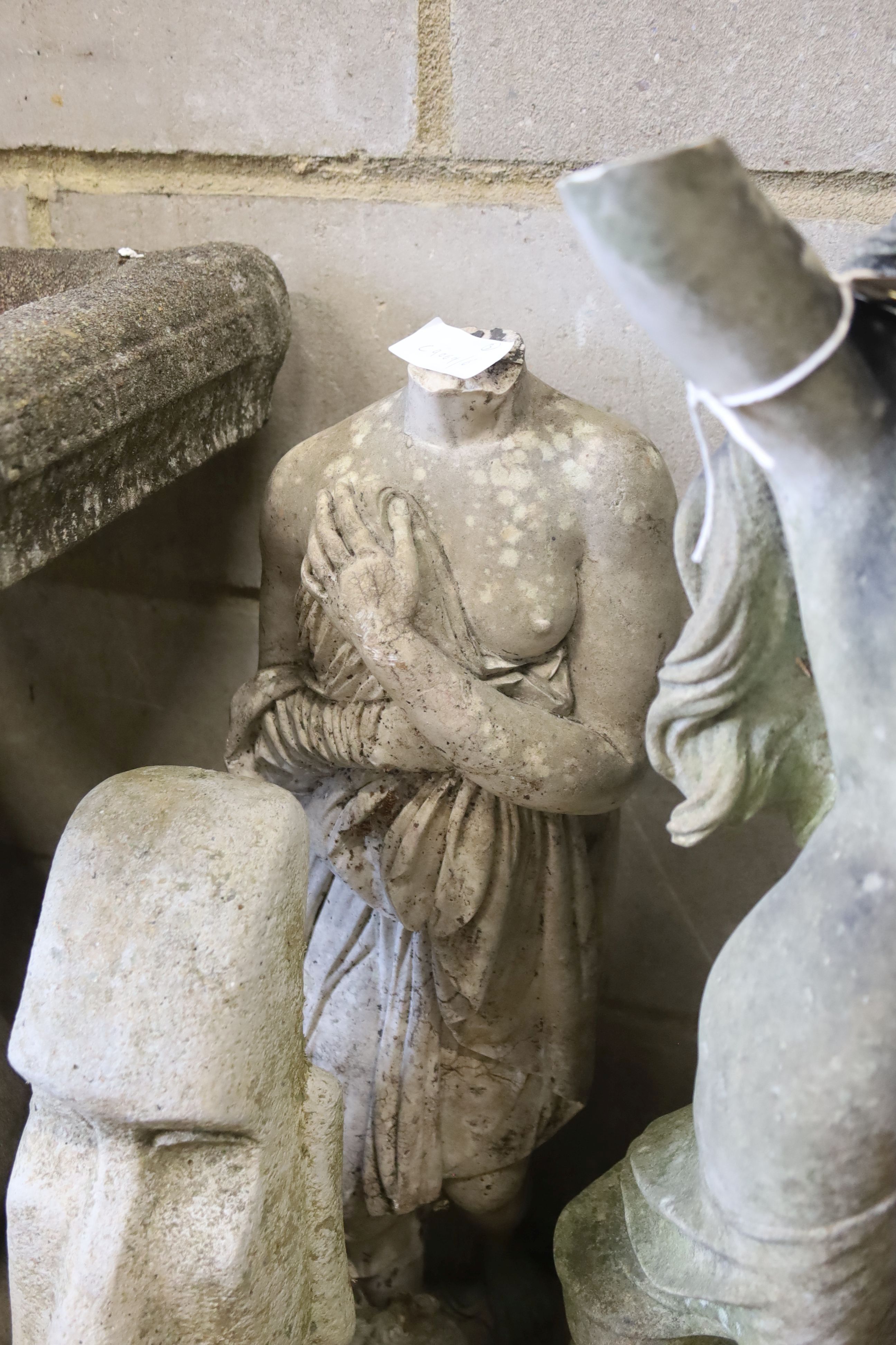 Three reconstituted stone and reconstituted marble garden ornaments, largest 80cm high